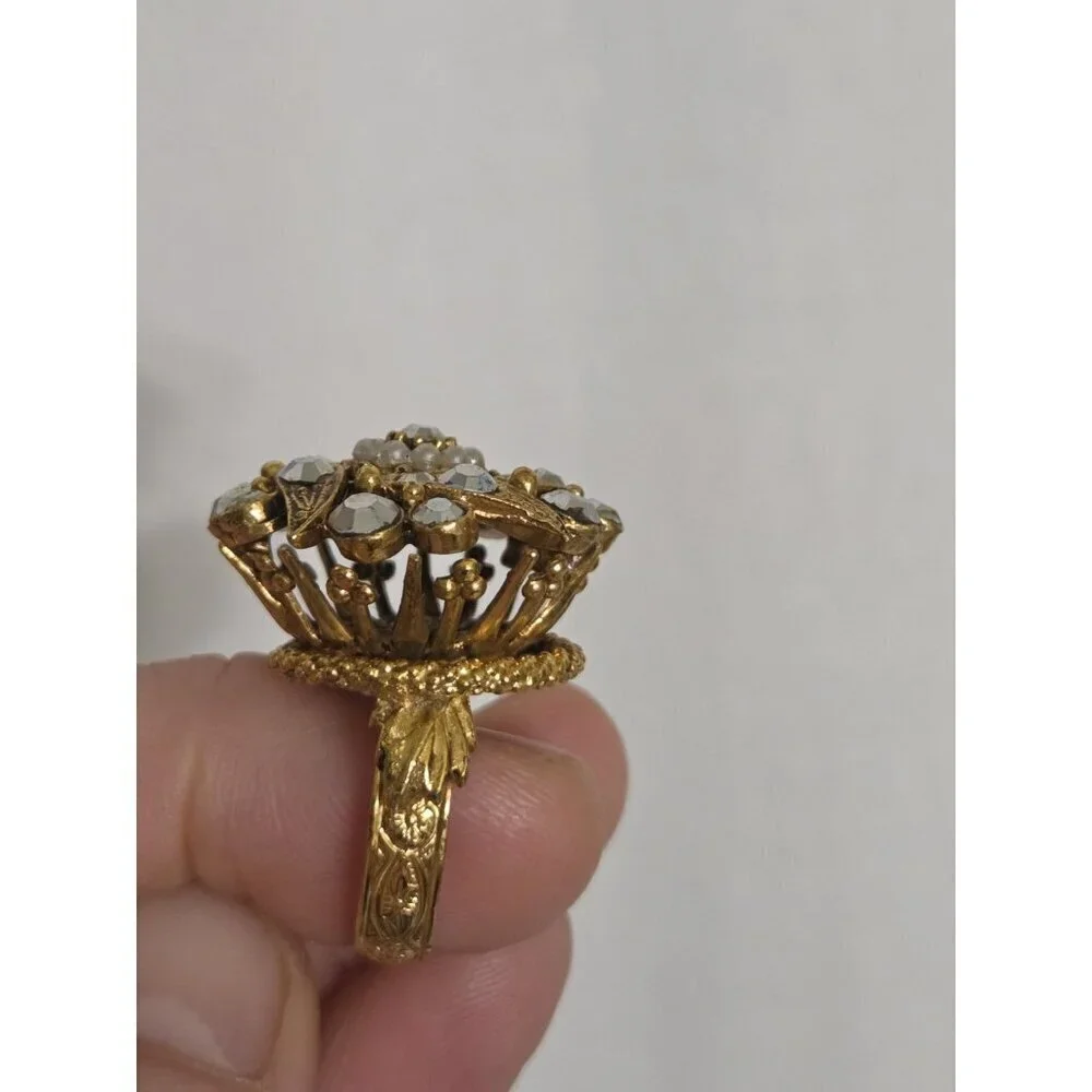 Vtg Florenza Ornate Gold Tone Rhinestone Faux Pearl Cocktail Ring Filigree
